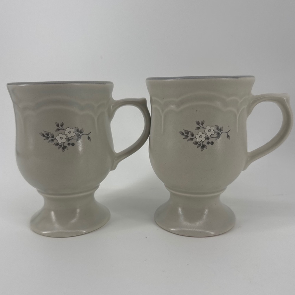 Pfaltzgraff Tea Rose Set of 2 Footed Mugs Grey Floral Stoneware Pedestal Cups